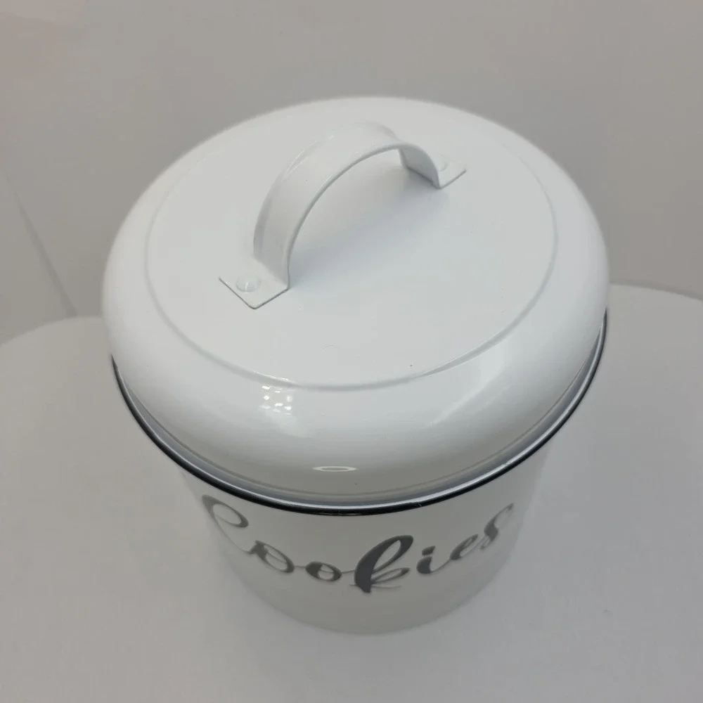 Farmhouse White‎ Metal Cookie Jar Canister Rustic Kitchen Counter Storage Tin